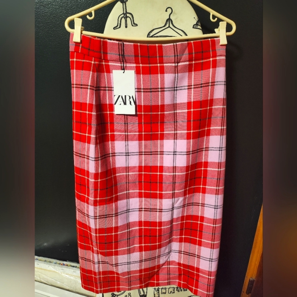 NWT Zara Pink Plaid Midi Pencil Skirt